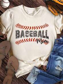 1 Piece Of Cotton Graphic Tee, Stylish "Baseball Mom" Print Tee For Women, Crew Neck, Short Sleeves, Machine Washable, Perfect For Casual Outfits. | Casual Top | 100% Cotton Stretch Fabric, Y2K Style, Men's Shirt, Summer Tops 180g 100% Cotton - 白色 - 查看 1