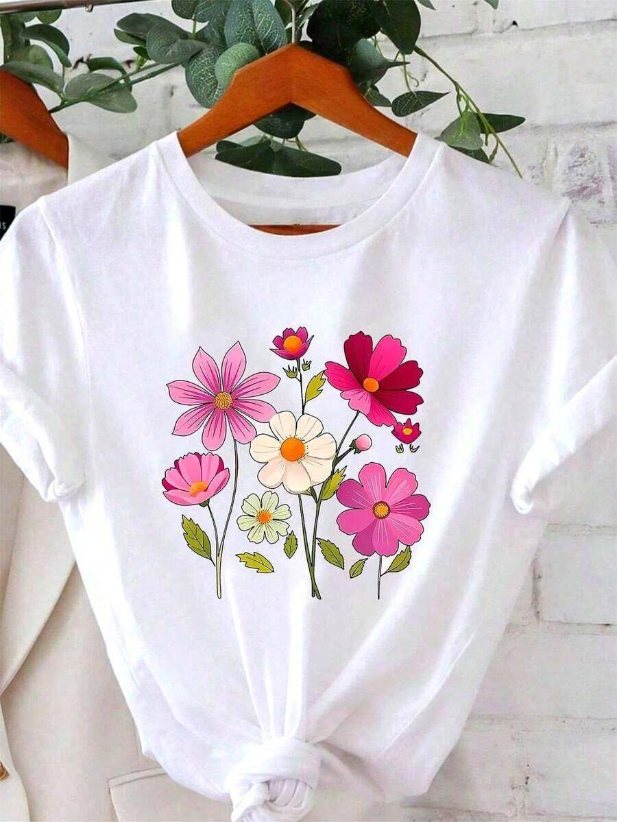 [National Shipping] Talla Grande - Talla Grande - Camiseta Casual Floral para Mujer - Flores de color rosa brillante y blanco sobre un fondo blanco, top de manga corta con cuello redondo para primavera y verano, hecha de material ligero y transpirable, ideal para uso diario. tops de mujer camisetas - Estilo - Ver 1