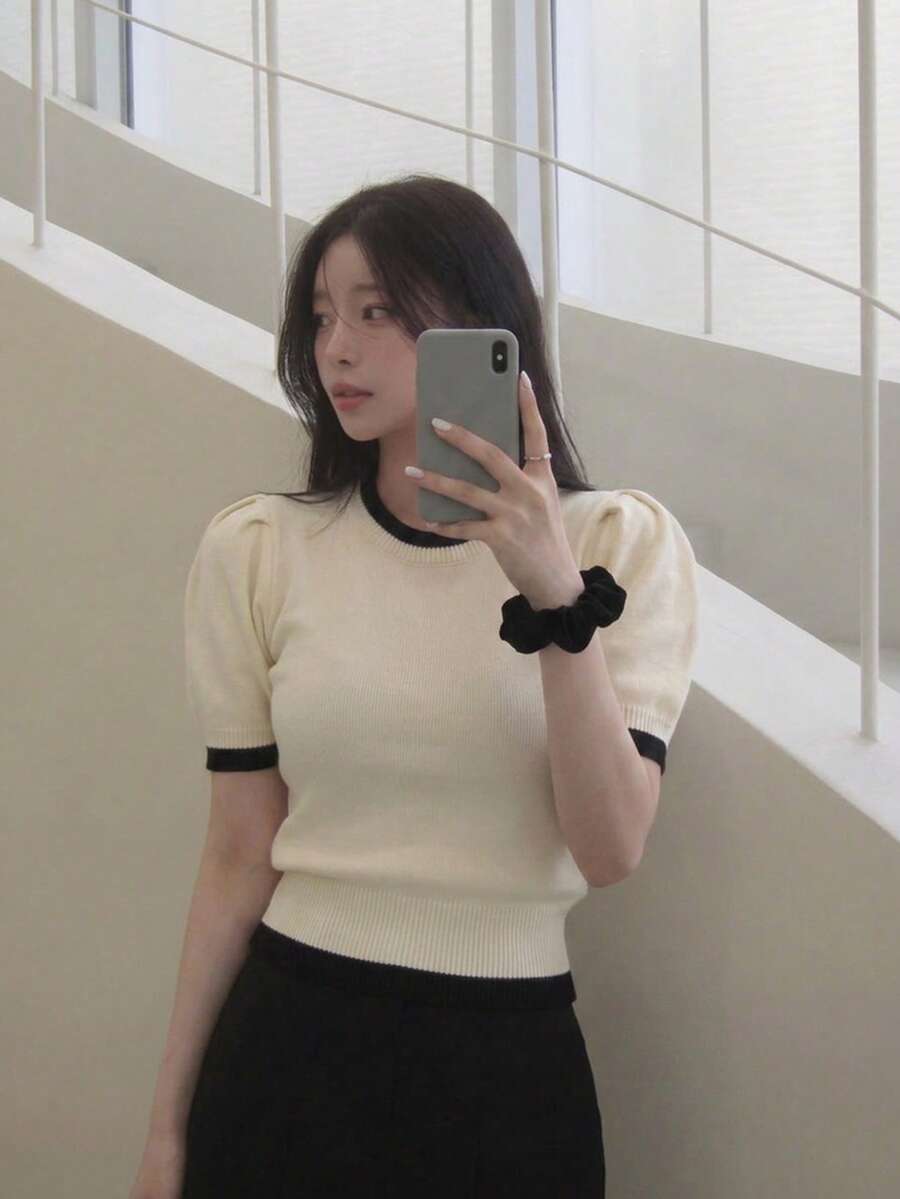 2025 Otoño/Invierno Cálido Minimalista Blusa de Manga Corta Verano - Albaricoque - Ver 1