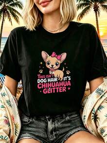 Women's T-Shirt With Shiny Long-Haired Shepherd Dog Print, Short-Sleeve Black T-Shirt For Ladies, Funny Slogan For Dog Lovers, Urban Casual Style, Mexican Culture Animal Theme, Classic Summer Outfit, Fashionable Loose Top, Casual Party Wear, Gift For Women - 黑色 - 查看 1