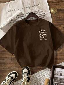 Y2K Style, Modern Style, The Newest Of 2026, Cute Style, Casual Style. Women's Espresso Coffee Club Graphic Print Crew Neck Short Sleeve T-Shirt, Summer Casual, 180g (Sizes S-XXXL). - 布朗 2 - 查看 2
