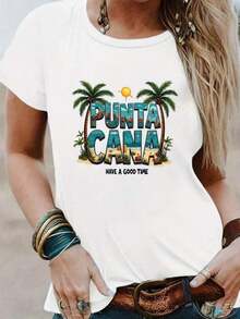 Women's Casual T-Shirt With Punta Cana Tropical Print - Short Sleeve - Round Neck - Casual Top With Palm Tree And Ocean Print - Washed Fabric - Suitable For Vacations - Comfortable Travel Shirt - Ideal For Easter, Halloween, Thanksgiving, Etc. Cute Long Sleeve - 白色 - 查看 6