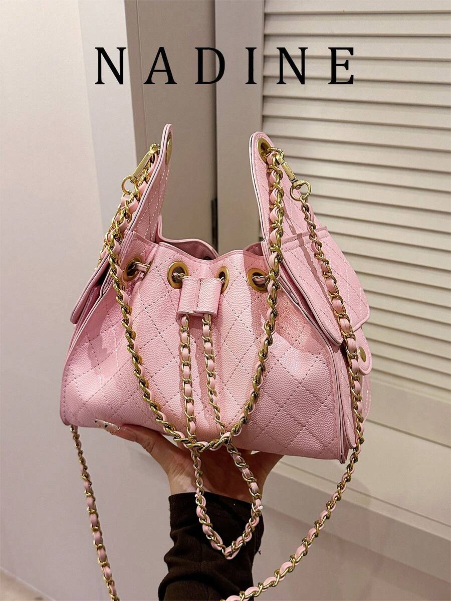 Rhombus Pattern Women's Large Capacity Shoulder Crossbody Drawstring Bucket Bag, Commuter Handbag