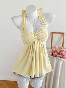 Top de tirantes con estampado de lunares marrones y detalle de nudo en la espalda para mujer, adecuado para verano, vacaciones de primavera, ceremonia de graduación, fiesta de boda, vacaciones elegantes, playa casual, estilo Y2K lindo y sexy y - Amarillo claro - Ver 4