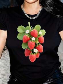 New Arrivals For Summer. Women's T-Shirt With 3D Strawberry Print And Round Neck - Soft, Breathable, And Stretchy Fabric, Casual Short-Sleeve T-Shirt For Spring/Summer, Machine Washable - Black And White, Strawberry T-Shirt, Urban Style Clothing, Fun Design T-Shirt, Medium Elasticity Blouse, Shirt > Beautiful. - 黑色 - 查看 10