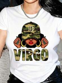 New Arrivals For Summer. Women's T-Shirt, Camouflage Cap With Virgo Symbol And Bold Lettering, Camouflage Cap With Virgo Symbol, Gold Hoops, Red Lips. Blouse, Shirt > Beautiful. - 白色 - 查看 6