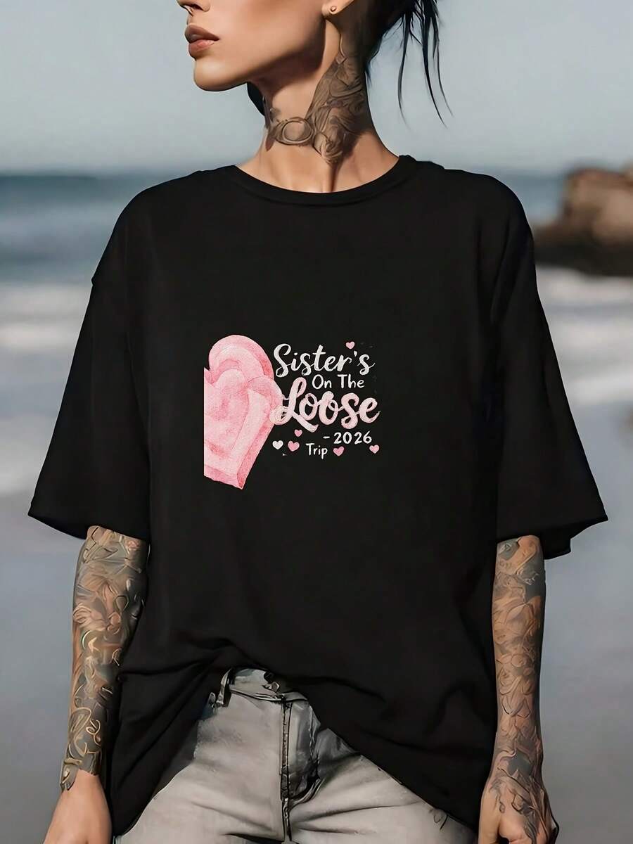 Camiseta para Mujer "Sisters on the Loose Trip 2026" - Suave, de Manga Corta y Cuello Redondo, con Combinación para Grupo, Atuendo Casual para Festivales, Ideal para Viajes Familiares, Vacaciones y Ropa Informal, Regalo - Negro - Ver 1