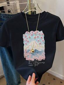 Fashion Printed T-Shirts For Women, Oversized Streetwear Tops, Comfortable And Stylish All-Match Summer Tees. Casual Summer T-Shirt For Women, Pink Cherry Blossom Print, Round Neck, Short Sleeve - 黑色 - 查看 7