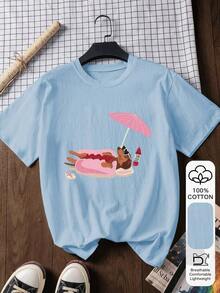 Fashionable, Casual, Short-Sleeved 100% Cotton T-Shirt For Women, Featuring A Sun Print, Graphic Tee, Summer Wear, Outdoor Outfit, Back-To-School Outfit, White. - 淺藍色 2 - 查看 5