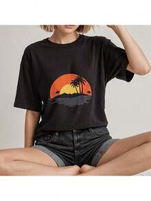 Great : Women's Summer T-Shirt, Round Neck, Tropical Sun Print, Slightly Stretchy, Regular Fit, Short Sleeve, For Beach And Everyday Wear_1 - 黑色 - 查看 8