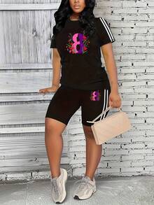 Women's Spring And Summer Short Sleeve Suit, Casual One-Piece Sportswear For Women, Flat Print Women's Clothing, Daily Wear, Women's T-Shirt Suit, Round Neck Short Sleeve Top, One-Piece Shorts Set, Sizes S To XXL. - 黑色 - 查看 8