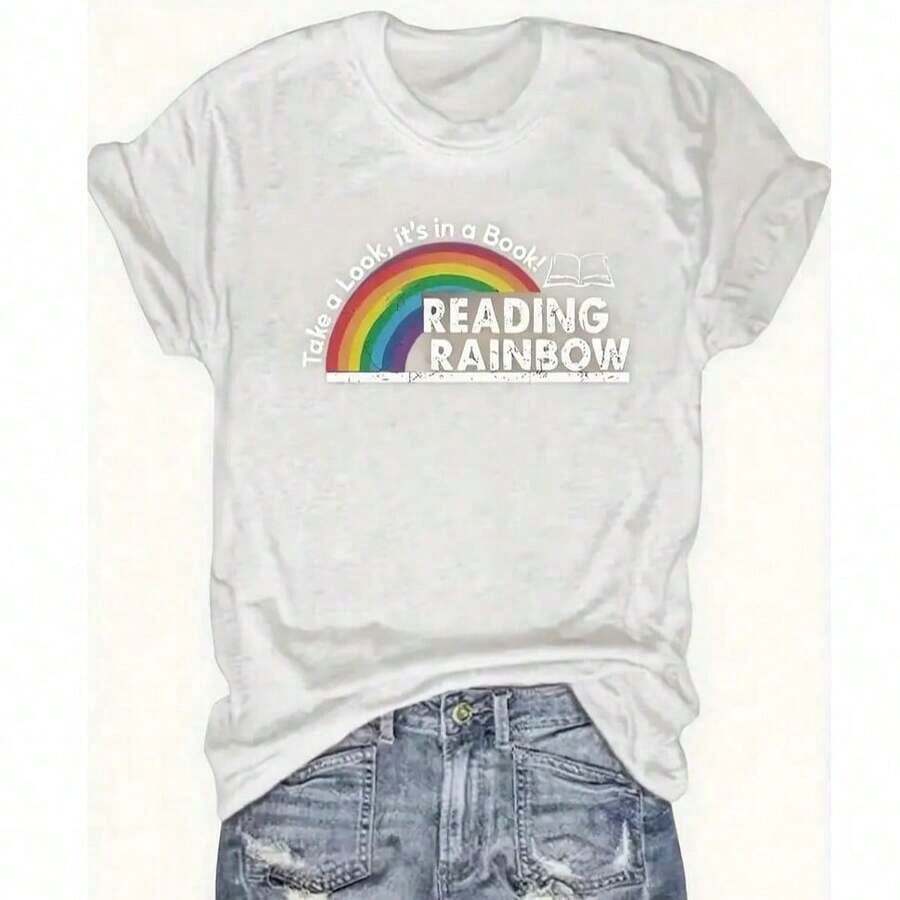 Camiseta de cuello redondo para mujer, camiseta ajustada con estampado Y2K, camiseta con diseño de arcoíris y libro, camiseta informal para el día a día para maestras y amantes de los libros, ropa para el Día de San Valentín y regreso a clases, camiseta suave para el día a día, ropa para maestras, diseño divertido, ajuste cómodo, moda para festivales de verano, camiseta de tela gruesa para adultos. - Blanco - Ver 1