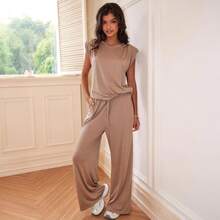 Elegant & Chic 2Pcs Women's Fashion Tank Top & Wide Leg Pants Set Women New Solid Color Top And Pocketed Pants Knitted Set - Brown - View 2