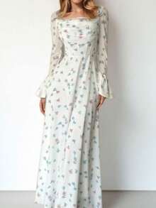 Long Printed Dress With Fitted Waist And Flared Sleeves, Elegant Spring 2026 - 白色 - 查看 2
