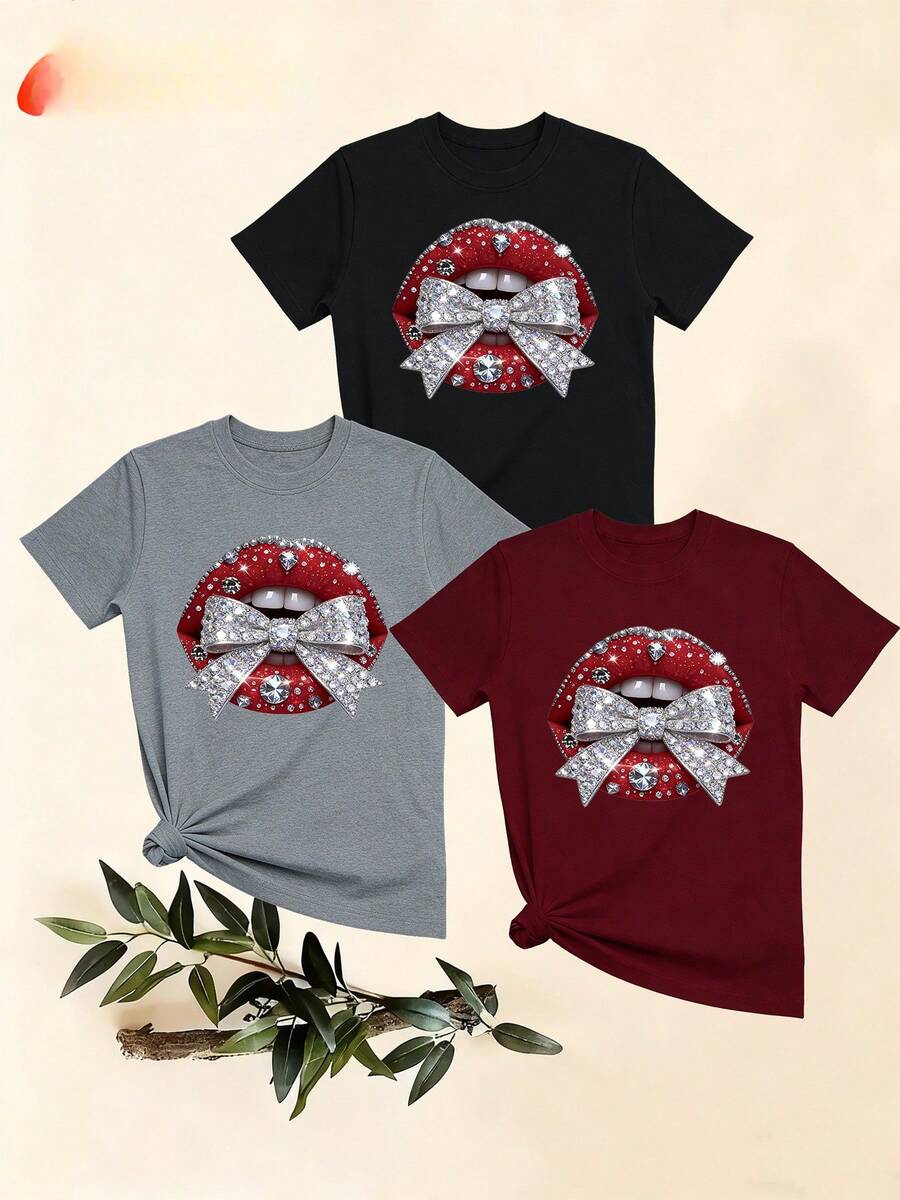 Women's T-Shirts, Women's T-Shirts, Casual One-Piece T-Shirt With Lip Print, Bow And Rhinestones, Round Neck, Loose And Comfortable Top For Women. - 1件黑色隨機圖案 - 查看 1