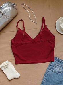 Camisilla sin mangas casual de verano para mujer con parches de encaje en unicolor - Rojo - Ver 8