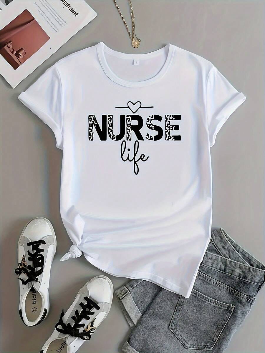 Camiseta gráfica para enfermeras, manga corta y cuello redondo con diseño de letras desgastadas y corazón, tela liviana y transpirable para primavera, verano y otoño, lavable en máquina, INFASHULE