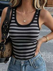 Mono de punto acanalado de unicolor minimalista para uso diario y casual de mujer, con cuello de pico ajustado y sin mangas - Negro 2 - Ver 3