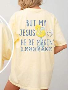 Camiseta de mujer con diseño de limonada y texto religioso, estilo boho casual, poliéster cómodo, ideal para salidas y looks relajados. - Albaricoque - Ver 2