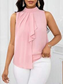 Lady Blusa sin mangas con estampado floral elegante y volante en el bajo, para verano - Rosado Sandía - Ver 7