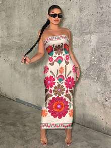 Vestido ajustado con estampado floral retro y estilo bohemio casual para mujeres, adecuado para vacaciones de verano - Multicolor 2 - Ver 4