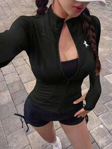 Chaqueta de manga larga de cuello alto elástico de unicolor entallada, ropa deportiva y casual, primavera/otoño - Negro 2 - Ver 2