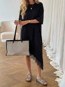 Vestido de talla media de manga corta con bajo asimétrico, de uso diario, de vacaciones y casual, de unicolor con parches de encaje, de moda básica para mujeres - Negro 2 - Ver 3
