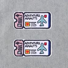 2 Mini Airline Ticket Embroidery Patches- Colorful Knitted Iron-On/Sew-On For Clothing, Backpacks, Hats, Shoes- Fun "Adventure Awaits" Design With Airplane And Suitcase Patterns, Travel-Themed Items| Humorous Patch Design| - 2pcs - View 3