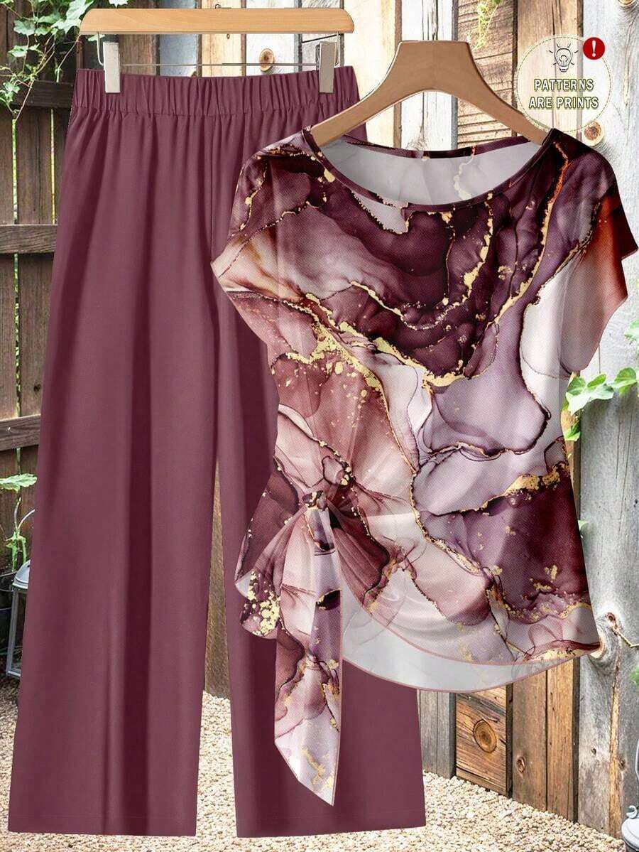 Conjunto de 2 piezas de estilo minimalista casual con camisa de mujer en color gris caqui con patrón floral abstracto de efecto dorado y lazo, y pantalones rectos holgados en color caqui, adecuado para primavera y verano, de estilo vintage - Multicolor 4 - Ver 1