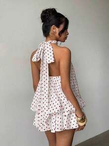 Vestido mini elegante de mujer con estampado de lunares y escote halter sin espalda - Rojo y blanco - Ver 2