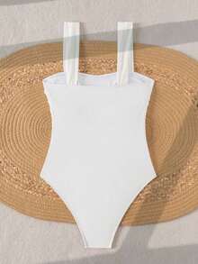 Swim Basics Traje de baño de una pieza con hombros fruncidos de unicolor, estilo minimalista bohemio de festival para mujer - Blanco - Ver 5