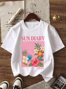Camiseta de mujer estilo Y2K con hombros caídos, SUN DIARY, estampado floral tropical con letras, manga corta, estilo retro de los 90, informal, holgada, con estampado de flores hawaianas en bloques de color, ropa estética E-Girl, atuendo moderno estilo Y2K, tops casuales de verano para salir, perfecta para uso diario, regreso a clases, citas, vacaciones en la playa, viajes, festivales de música, raves, fiestas, estilo urbano, discotecas, trayectos diarios, esencial para el verano de las chicas modernas, camiseta casual apta para tallas grandes, ropa de moda para mujer. B1EP - Blanco - Ver 5