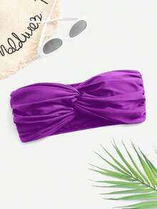 Top de bikini bandeau de un solo color con efecto retorcido - Rojo violeta - Ver 4