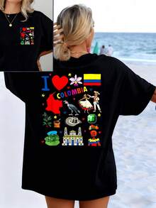 Cheerful Colors Celebrating Colombian Culture With Map, Flag, Flower, Orchid, Emerald, Traditional Dances And Indigenous Symbols. Modern Double-Sided Women's T-Shirt - 黑色 - 查看 8