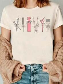 Camiseta ligera de peluquero con estampado de herramientas de estilista, lazo, ropa de salón, regalo para barberos, estilistas, técnicos de belleza, camiseta casual cómoda de cuello redondo para uso en todas las estaciones, talla para mujer S-3XL, 100% algodón, bien ajustada. - Albaricoque - Ver 7