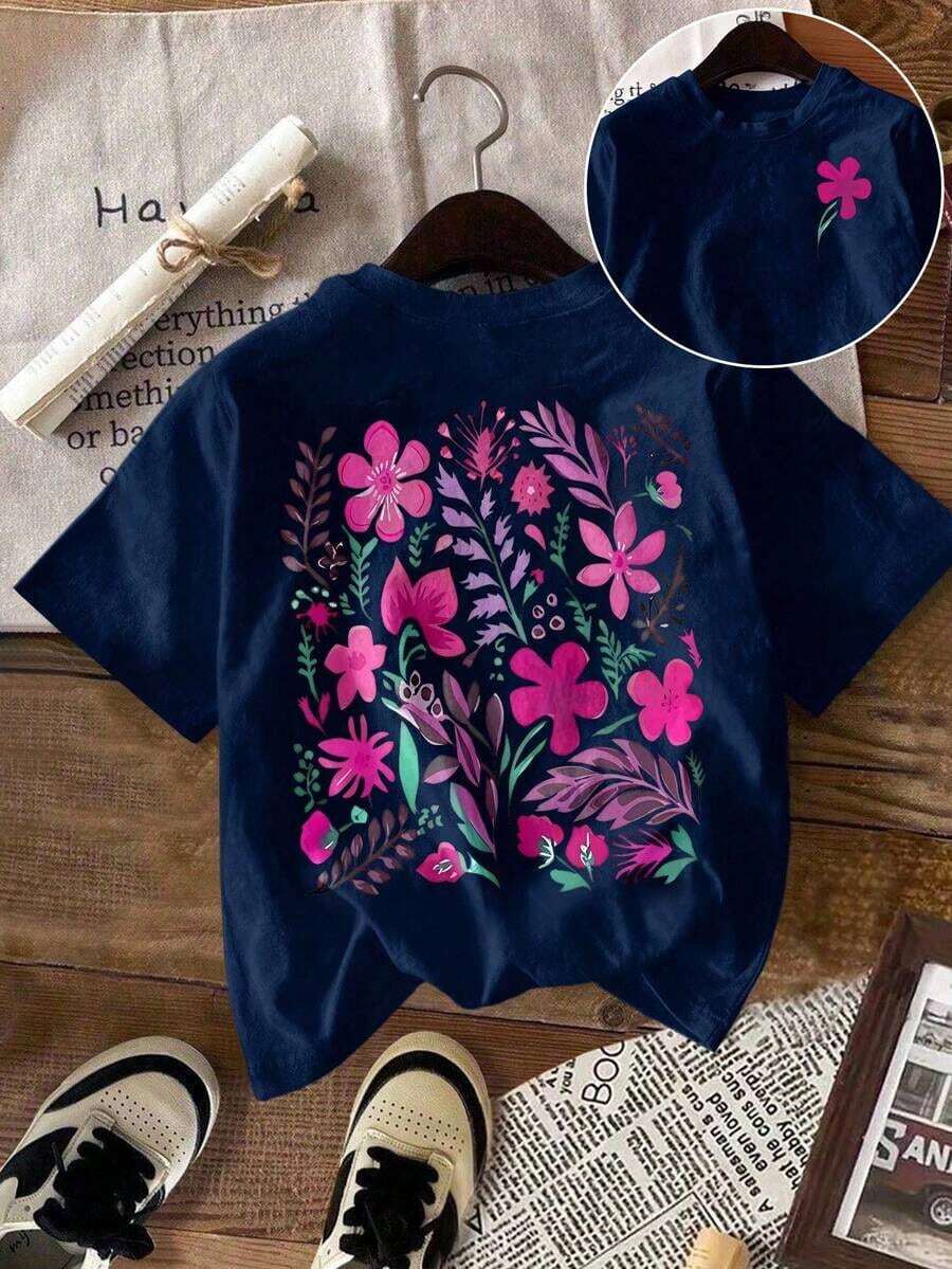 Howell Women's Plus Size Black Short Sleeve T-Shirt, Versatile Style, Hand-Painted Daisy Floral Print, Casual And Cool For Summer - 海軍藍 - 查看 1