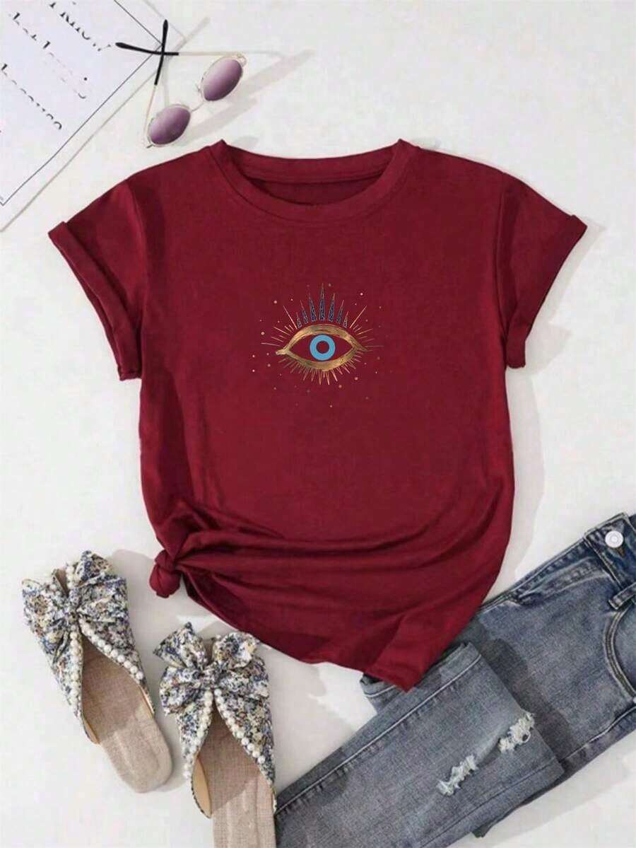 Women's Short Sleeve T-Shirt With Eye Print, Graphic Blouses For Women - 波爾多 - 查看 1