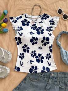 Camiseta de manga corta con estampado floral casual para mujer, de verano - Azul y blanco - Ver 4