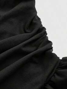 Vestido corto de mujer con estampado de teñido anudado, hombros fruncidos y diseño de nudo a la moda - Negro - Ver 4