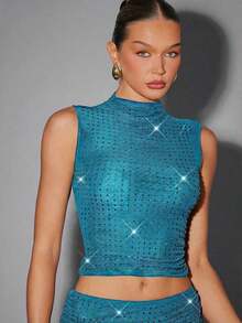 Top de malla con doble capa, cuello alto, color rojo burdeos, con aplicaciones de strass, para fiesta de verano y sexy - azul real - Ver 1