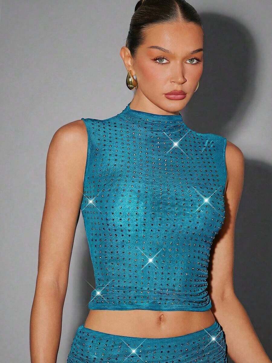 Top de malla con doble capa, cuello alto, color rojo burdeos, con aplicaciones de strass, para fiesta de verano y sexy - azul real - Ver 1