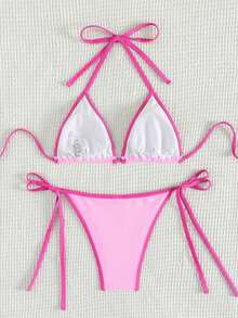 Conjunto de bikini sexy de cuello halter y lazo para mujer en bloque de color para vacaciones, playa de verano - Rosa - Ver 8