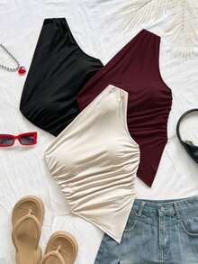 3 piezas Conjunto informal de verano de 2 piezas para mujer con parte superior de hombro asimétrico y bajo asimétrico, adecuado para volver al colegio, té de la tarde, casual, invitada a boda en la playa, brunch de graduación, Día de San Patricio, - Multicolor - Ver 7
