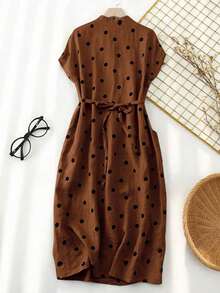 Vestido casual elegante y vintage con estampado de lunares, con bolsillos y lazo en la espalda, silueta minimalista pero refinada de corte evasé con cintura anudada, vestido versátil para oficina/ocasión, conjunto bohemio de lunares para vacaciones, primavera/verano rojo - Marrón - Ver 2