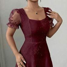 Women's Floral Embroidered Mesh Petal Sleeve Elegant Dress - Azul - Ver 4