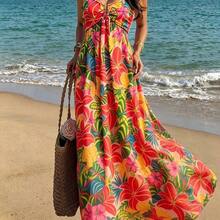 Holidaya Women's Summer Vacation Spaghetti Strap Dress, Tropical Print Spaghetti Strap Dress, Bohemian Colorful Floral Dress, High Waist Slimming Backless Tropical Floral Dress - Multicolor - Ver 4
