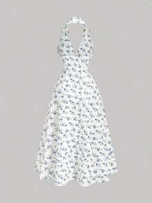 Vestido midi elegante sin mangas con decoración floral 3D de metal y plisados para mujer - Azul y blanco - Ver 5