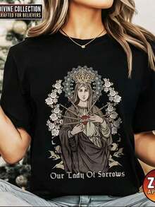 Our Lady Of Sorrow Shirt, Virgin Mary Shirt, Catholic Shirt, Guadalupe Shirt, Camiseta GráFica De Mujer De Manga Corta Con Cuello Redondo, Para Uso Diario Casual, Camisa NavideñA, Traje NavideñO Para Mujer - Negro - Ver 2