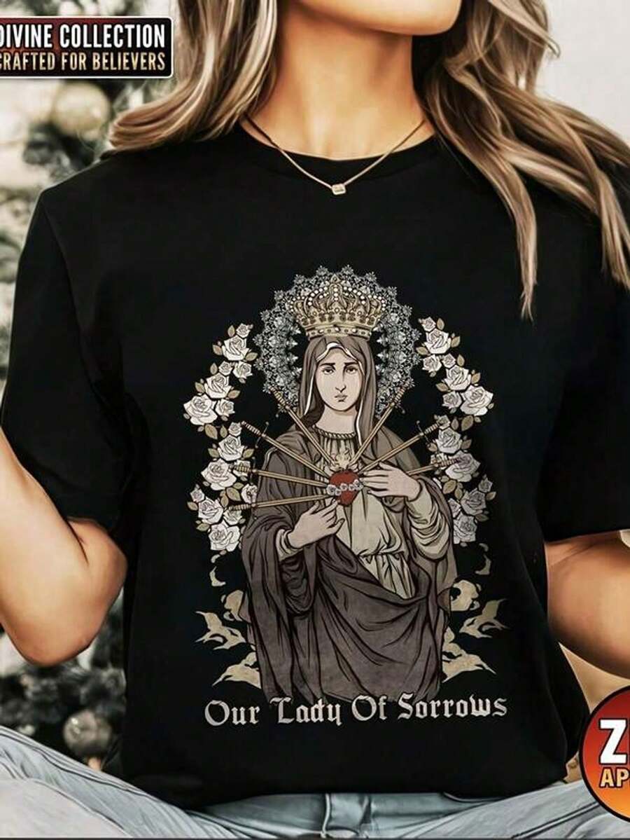 Our Lady Of Sorrow Shirt, Virgin Mary Shirt, Catholic Shirt, Guadalupe Shirt, Camiseta GráFica De Mujer De Manga Corta Con Cuello Redondo, Para Uso Diario Casual, Camisa NavideñA, Traje NavideñO Para Mujer