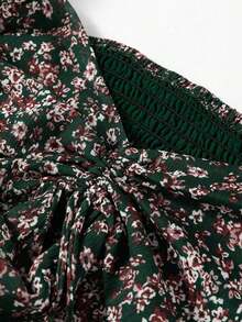 Acelitt Vestido de manga farol con frente fruncido y parches con estampado floral diminuto, elegante para vacaciones de primavera - Verde Oscuro - Ver 8
